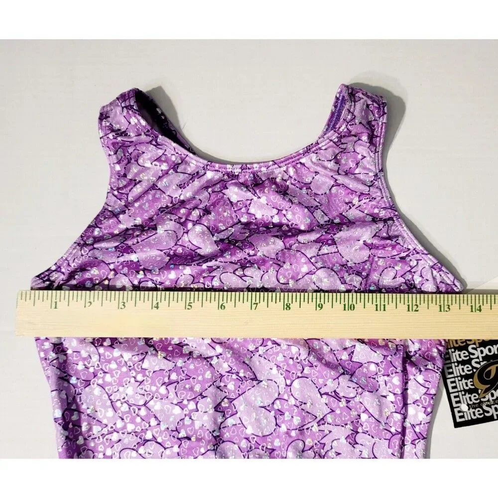 GK Elite Gymnastics Dance Racerback Keyhole Leotard Foil Hearts Purple Adult L